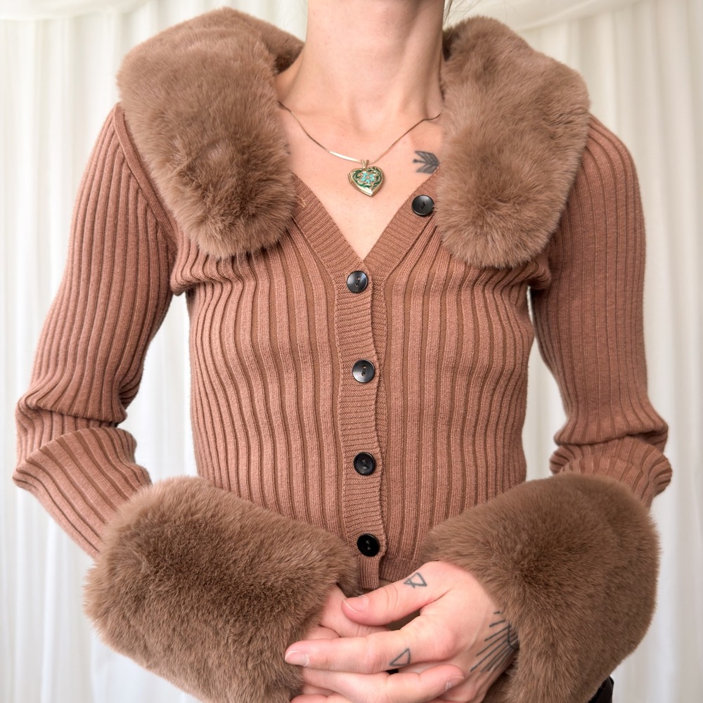 Brown Faux Fur Trim Cardigan Cropped Button Up Fur Collar Cuffs Knit Women's S - Picture 2 of 8